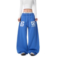 批发蓝色字母印花运动卫裤男款美式hiphop街舞直筒裤子垂感弯刀阔腿裤