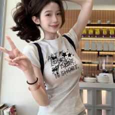 批发白灰色圆领正肩短袖T恤女2026新款夏季美式字母设计休闲纯棉上衣