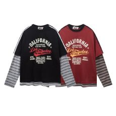 批发<b class='q'>春</b>秋季新款美式复古条纹拼接假两件长袖T恤男女宽松百搭情侣上衣