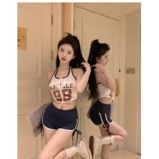 批发美式复古<b class='q'>字母</b>印花系带挂脖背心女夏季外穿内搭甜辣妹修身短款上衣