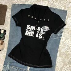 亚比古早辣妹收腰修身暗黑朋克短袖夏季短款字母印花polo领上衣女