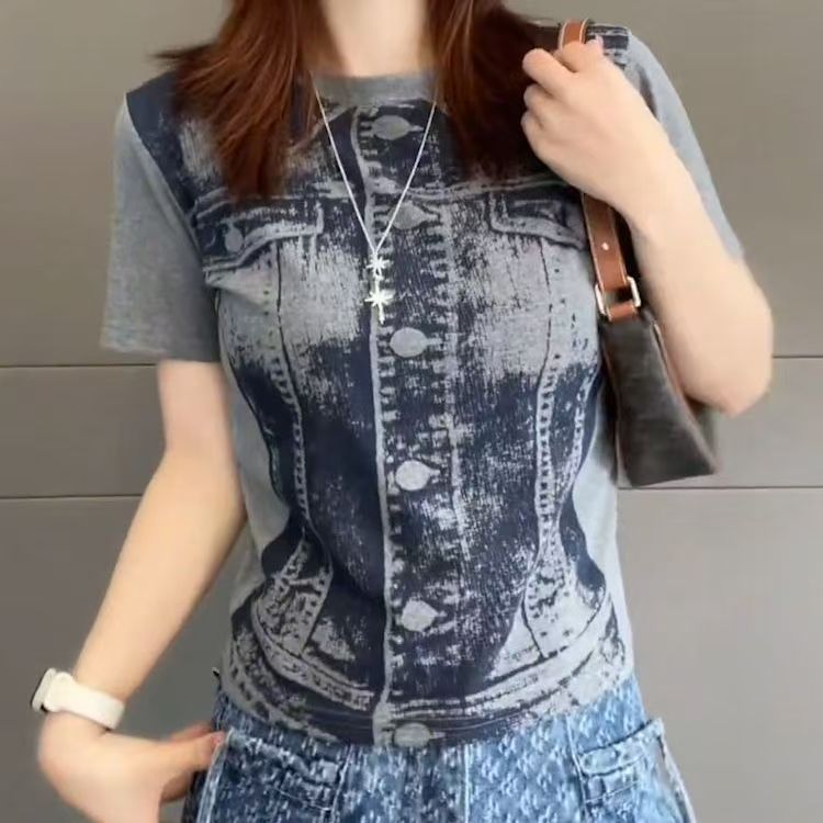 아메리칸 레트로 순면 라운드 넥 프린트 티셔츠 고급 패션 외국 가스 슬림해 보이는 다용도 디자인 여름 반팔 맨위