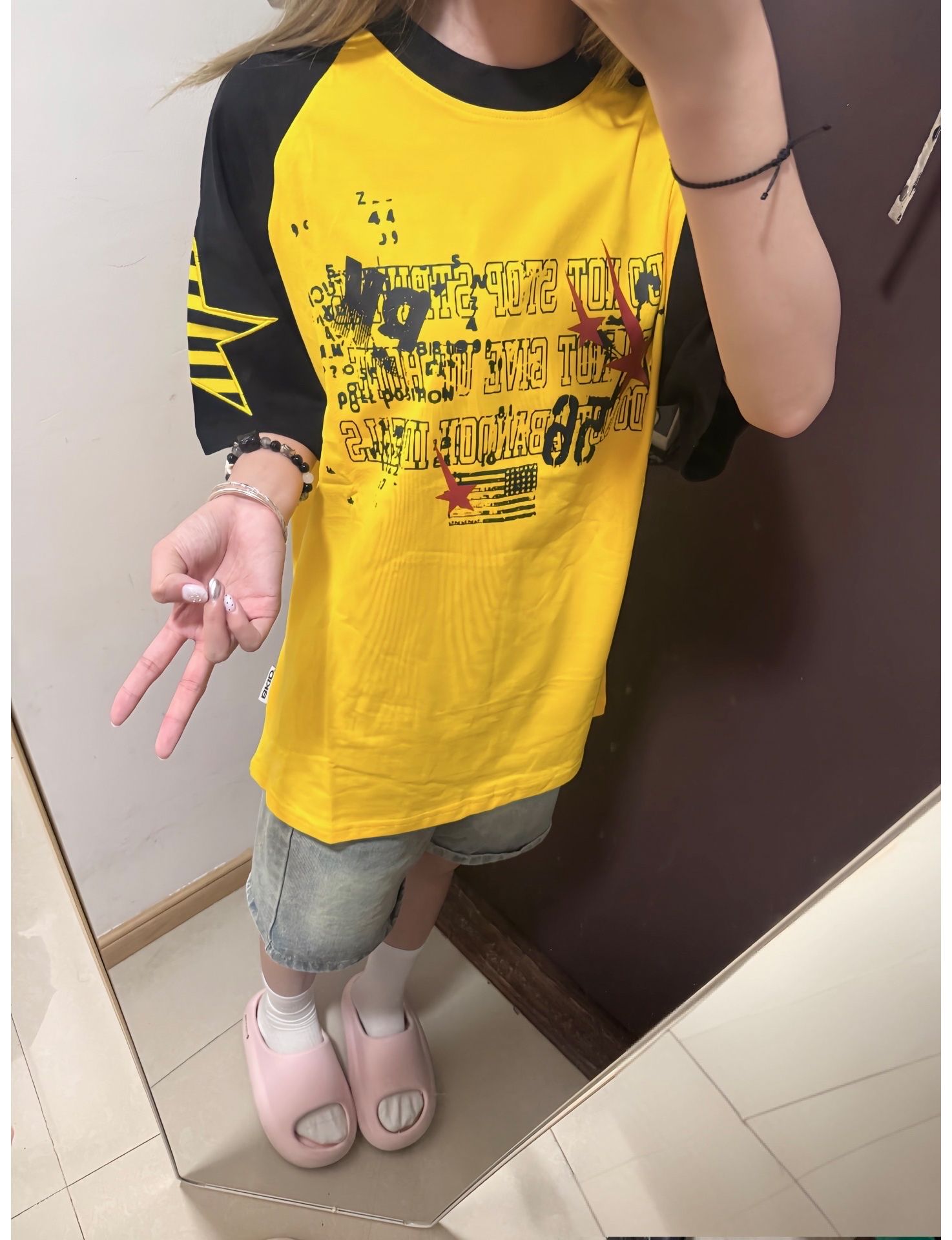 자수 패치 프린트 19 지점 220 그램 순면 반팔 티셔츠 여성