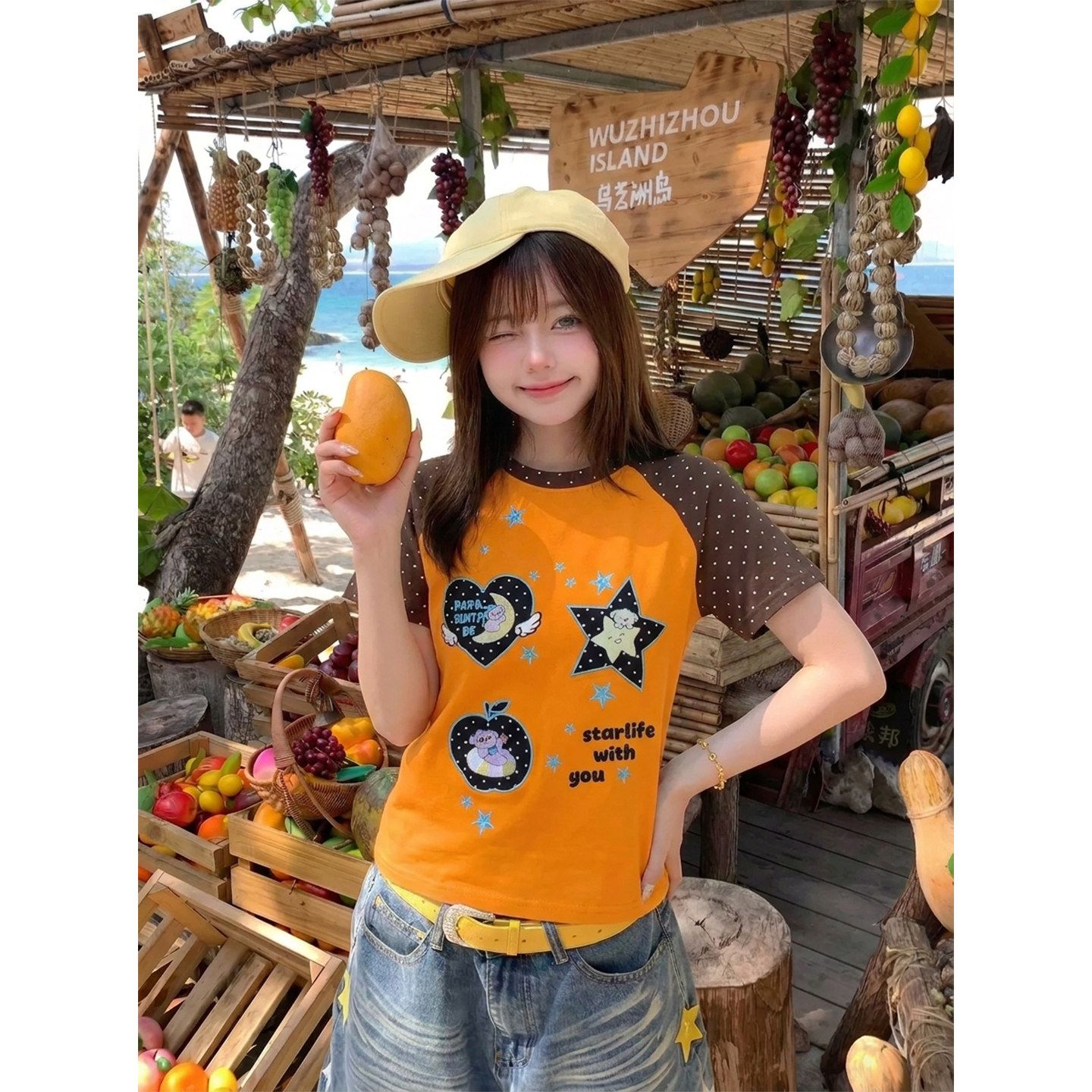 220g 순면 리브 원본 원단 원본 솜씨 레트로 아메리칸 자수 배색 패치워크 반팔 티셔츠 여성 여름