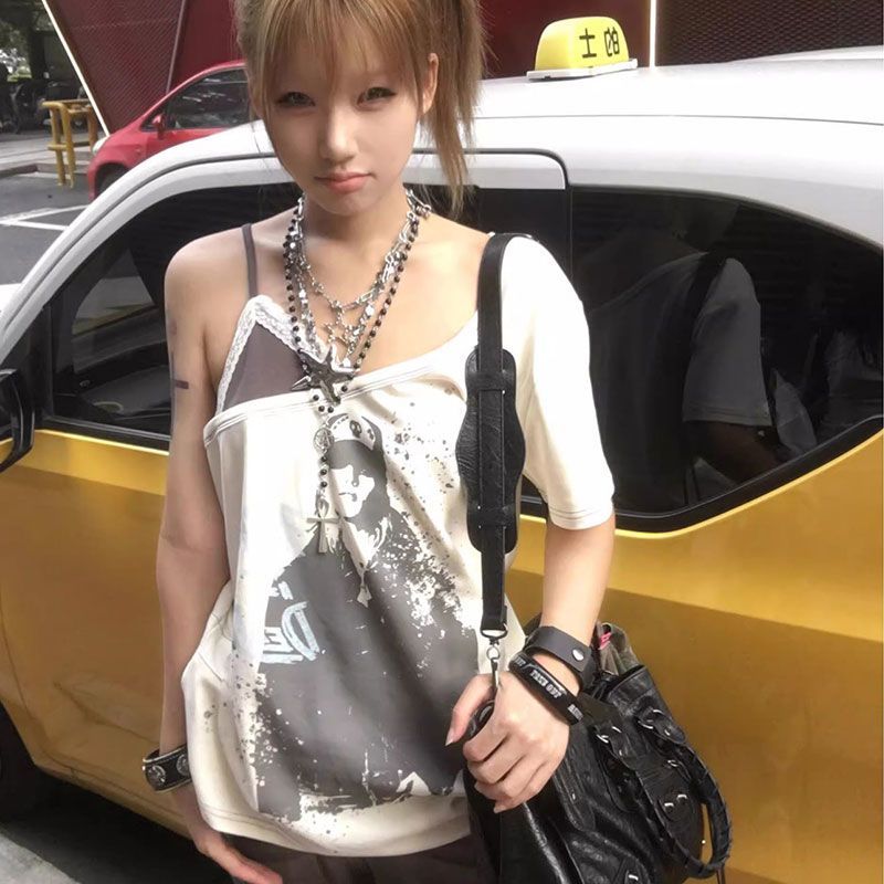 32 순면 230 크 아메리칸 레트로 비스듬한 어깨 반팔 티셔츠 여성 디자인 센스 작은 대중 여름 새로운 루즈핏