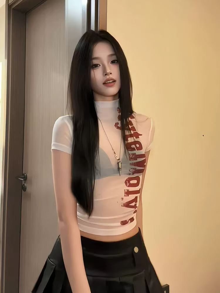 아메리칸 화이트 알파벳 프린트 반팔 티셔츠 여성 여름 몸매 가꾸기 긍정적 인 어깨 핫걸 마이크로 ~을 통해 반하이넥 허리 수축 맨위
