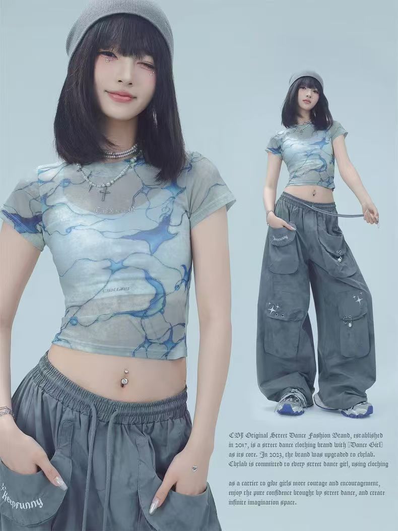 스트리트 댄스 조수 브랜드 바다 소금 필터 마이크로 ~을 통해 망사 핫걸 섹시함 재즈 댄스 블라우스 여름 통기성 춤추기 반팔