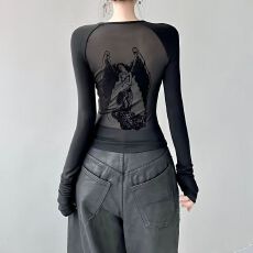 批发纯欲天使印花网纱长袖T恤女<b class='q'>秋</b>季韩版修身短款性感内搭甜辣妹上衣