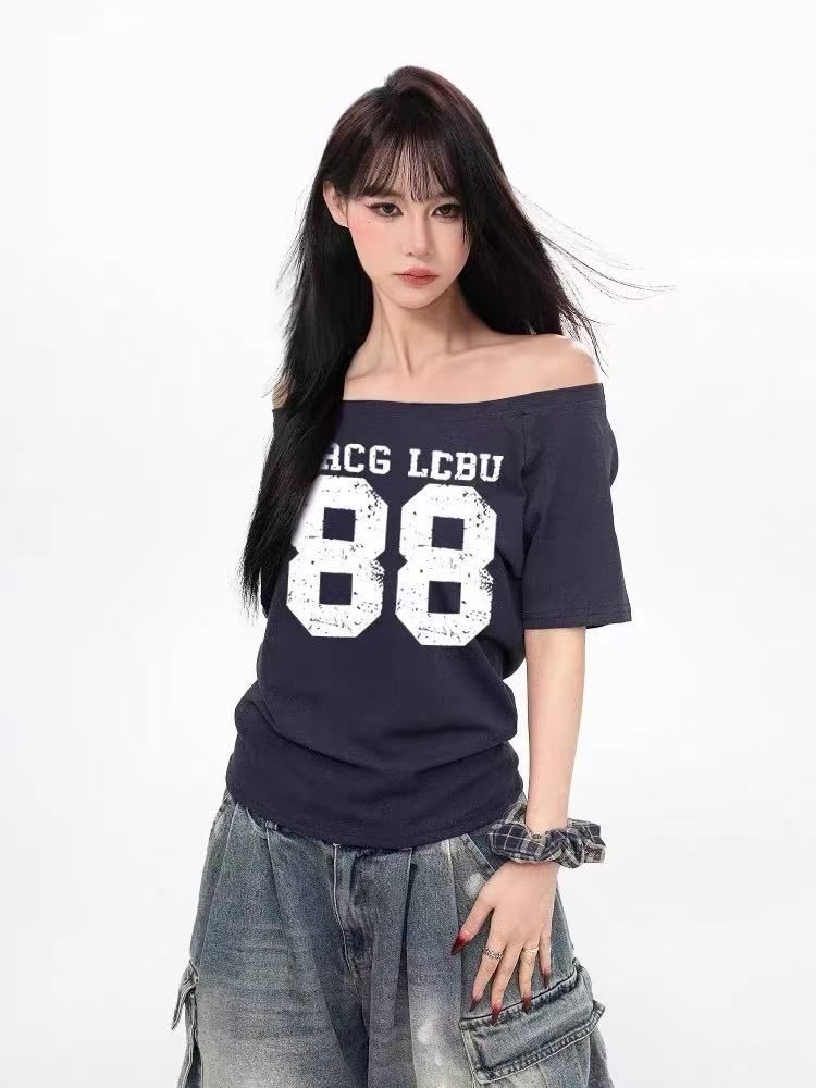 특별 가격 순면 220 그램 40 오스트리아 세대 서울 프린트 반팔 티셔츠 여성 오프숄더 오프숄더 비스듬한 어깨