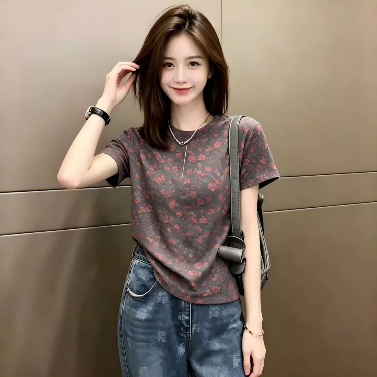 부드러운 레트로 한 부서 바람 분말 조정 꽃무늬 반팔 티셔츠 여성 여름 새로운 슬림해 보이는 연령 감소 여성 의류 맨위