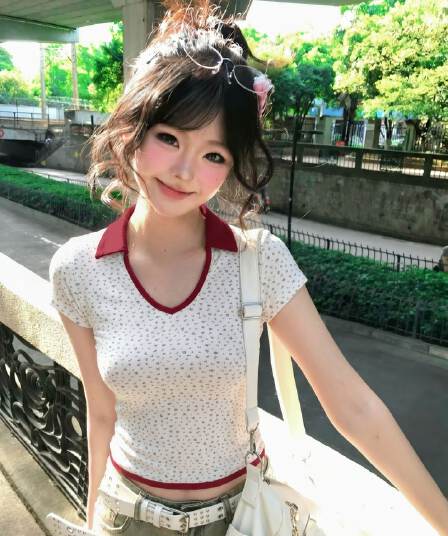 한 부서 꽃무늬 도트 무늬 폴로 칼라 반팔 티셔츠 여름 몸매 가꾸기 맨위