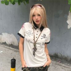 批发骷髅头十字架美式复古街头数字球衣设计感亚文化短袖<b class='q'>POLO</b><b class='q'>衫</b><b class='q'>男</b>女潮