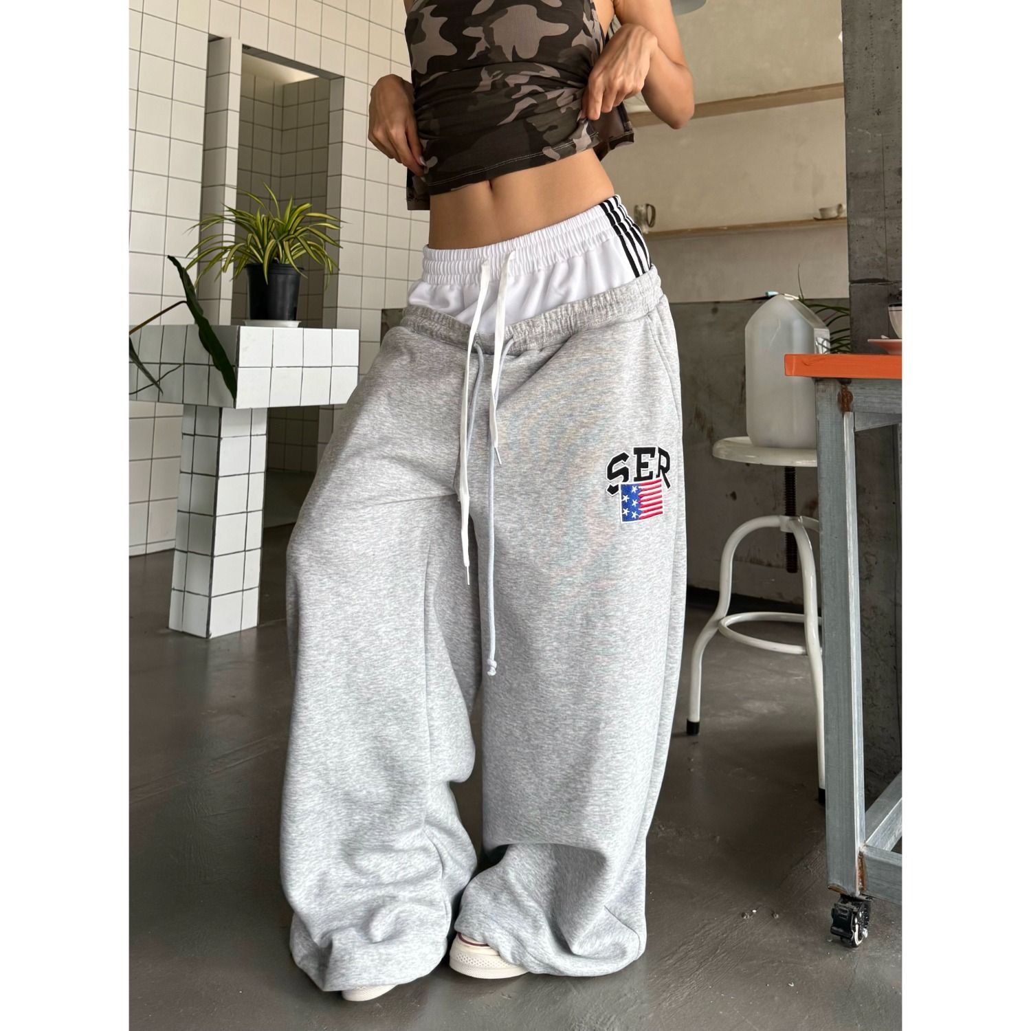 아메리칸 레트로 더블 허리 머리 패치워크 자수 알파벳 모통이 칼 웨이 바지 남녀 루즈핏 와이드 레그 팬츠