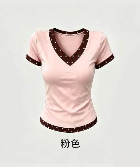 패치워크 도트 무늬 V넥 220 그램 92 면 8 암모니아 Lun 신축성 긍정적 인 어깨 몸매 가꾸기 반팔 티셔츠 여성