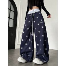 批发（原版纯棉华棉复合星星银粉满印印花阔腿卫裤）蓝  灰
