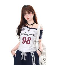 批发】短袖T恤女夏季修身显瘦斜肩蕾丝短款上衣