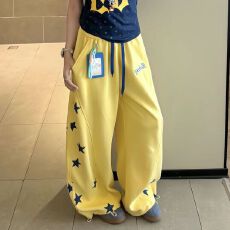 批发带挂牌【华棉复合】网红ins秋季美式复古星星<b class='q'>印花</b>阔腿休闲裤
