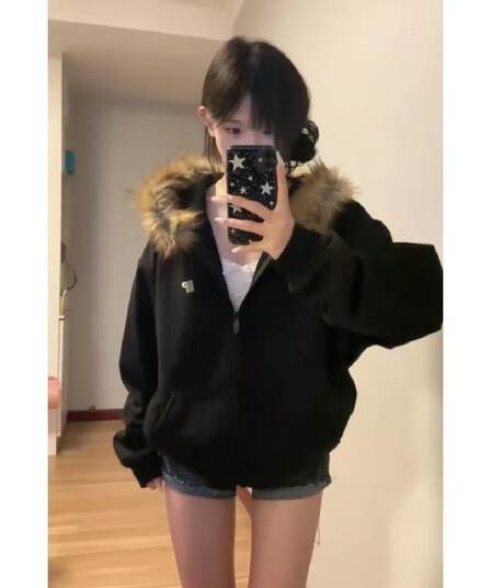 아메리칸 조수 브랜드 모피 칼라 지퍼 오픈 가디건 후드 티 스웨터 여성 가을 겨울철 커플 고급 센스 캐주얼 재킷 트렌디