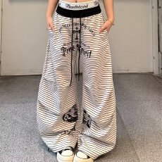 批发美式辣妹黑白条纹阔腿裤显瘦显腿长百搭宽松休闲弯刀长裤