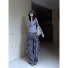 批发复古慵懒风格子阔腿工装裤女<b class='q'>春</b>日穿搭高腰宽松显瘦女休闲裤