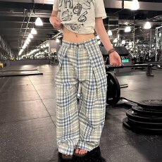 批发格子阔腿裤夏季新款高腰显瘦百搭bf慵懒宽松直筒休闲裤