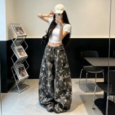 批发星星满印迷彩直筒工装牛仔裤男女秋季潮牌做旧小众休闲长裤