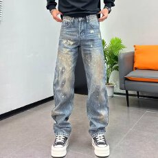 高街个性脏脏裤男宽松直筒牛仔裤男泼墨印花做旧涂鸦潮牌休闲长裤