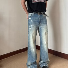 复古脏脏泼漆设计感牛仔裤男夏季新款宽松废土风直筒阔腿裤子