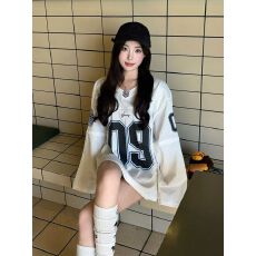 批发后包领】T恤<b class='q'>男</b>女同款秋季设计感球衣美式复古运动风数字印花长袖
