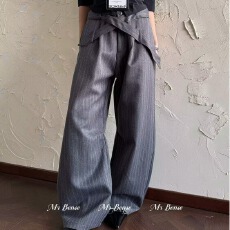 批发秋季老钱风腰带<b class='q'>亚麻</b>纹弯刀西<b class='q'>裤</b>男松弛感宽松阔腿休闲西装长<b class='q'>裤</b>