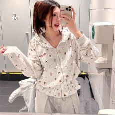 批发美式复古小狗满印木耳边连帽卫衣女秋冬季慵懒风百搭宽松<b class='q'>开衫</b>外套