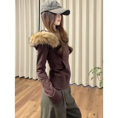 批发【毛领可拆卸】复古毛领拉链卫衣女修身显瘦春秋<b class='q'>开衫</b>连帽百搭外套
