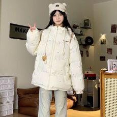 批发新款甜美韩系<b class='q'>小熊</b>连帽棉服外套女冬季波点宽松加厚棉衣保暖面包服
