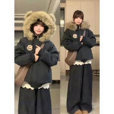 批发加绒 韩系<b class='q'>小熊</b>毛领连帽新款女装棉衣加厚冬季棉服mm保暖克服外套