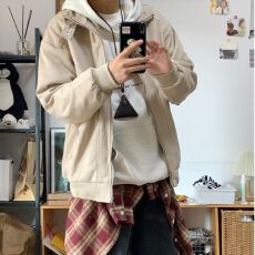 批发春秋日系麂皮绒立领外套男生宽松休闲百搭潮牌复古痞帅夹克上衣男