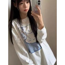 批发纯棉210克精梳精密印花秋季宽松长袖<b class='q'>T</b><b class='q'>恤</b>女