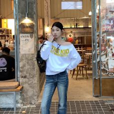 批发【斜领】曼巴棉300克 后包领彩色内外同色印花长袖<b class='q'>宽松</b>套头卫衣女