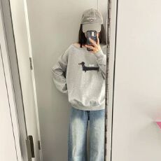 批发【斜领】曼巴棉300克 后包领彩色内外同色印花长袖<b class='q'>宽松</b>套头卫衣女