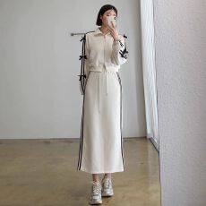 批发韩国chic秋季小众减龄蝴蝶结点缀条纹长袖外套+直筒半身裙长裙女