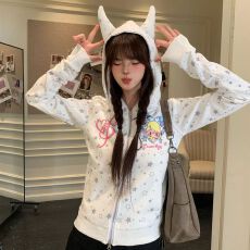 批发纯棉华棉复合薄款/加绒+充棉耳朵+满印星星+双头拉链卫衣外套<b class='q'>女</b>