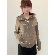 批发美式街头十字满印修身<b class='q'>短款</b>连帽外套女秋新款收腰辣妹运动<b class='q'>开衫</b>卫衣