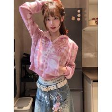 批发美式小众国潮粉色迷彩<b class='q'>开衫</b>外套女秋冬季宽松蝴蝶刺绣<b class='q'>短款</b>连帽卫衣