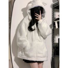 批发奶呼呼兔毛毛绒外套女开衫冬季<b class='q'>韩版</b>学生可爱宽松慵懒风连帽ins潮