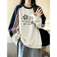纯棉华棉复合薄款320克/加绒420克布面+手感印花拼色三条杠卫衣女