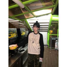 批发高质量纯棉200克21支精梳精密印花秋季拼色<b class='q'>长袖</b><b class='q'>T</b><b class='q'>恤</b>女