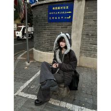 批发座山雕猫耳条纹连帽棉服<b class='q'>男</b>女冬季新款美式潮牌百搭舒适棉衣<b class='q'>外套</b>