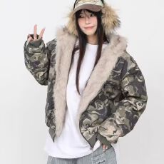 批发美式复古座山雕短款连帽毛领棉服女冬派克服棉衣<b class='q'>外套</b>