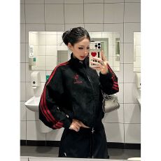 批发美式黑衣复古三条杠立领麂皮绒卫衣外套<b class='q'>男</b>女秋pu皮夹克机车骑行服