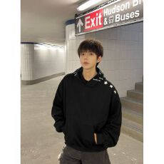 批发灰色简约高级感连帽卫衣男女<b class='q'>秋</b>冬宽松星星印花痞帅情侣帽衫外套潮