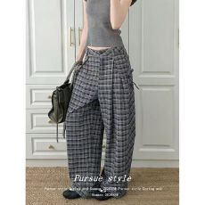 批发美式五路发格纹<b class='q'>亚麻</b>阔腿<b class='q'>裤</b><b class='q'>男女</b>秋慵懒松弛感宽松休闲通勤拖地长<b class='q'>裤</b>